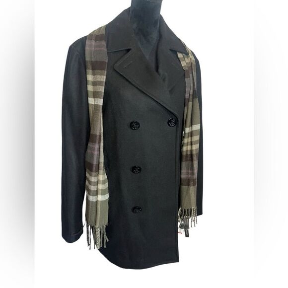 NWT LIZ CLAIBORNE MENS BLACK WOOL BLEND W/ PLAID SCARF ATTACHED PEACOAT SIZE M - Picture 3 of 12